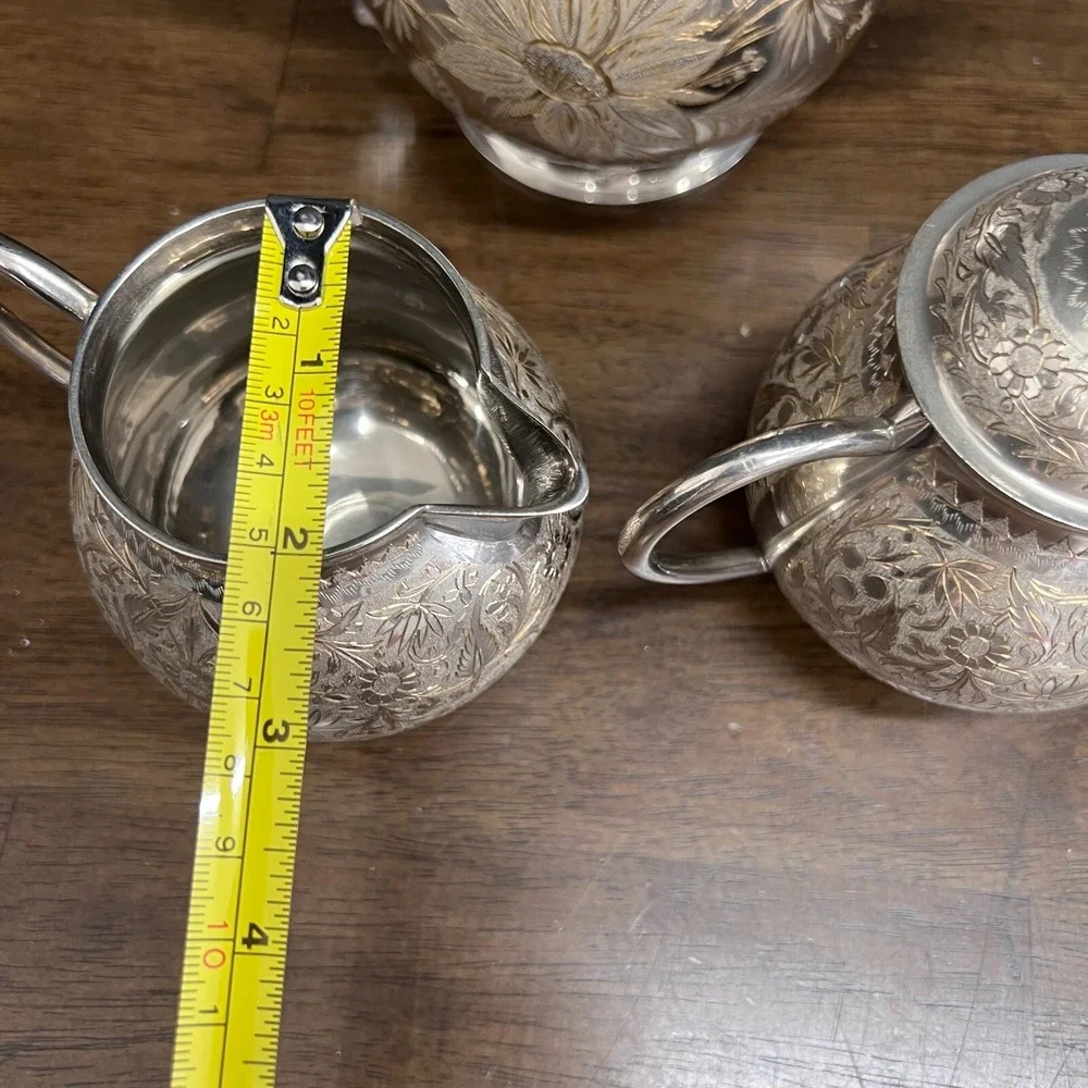 Vintage Wedding Silver Plated Floral Etched Footed Tea Set India, 1950 set of 3‎
